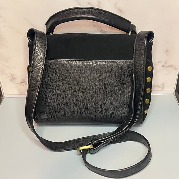Lionel Black Suede & Leather Crossbody Bag / Top Handle Bag w/ Gold Brass Studs - Picture 3 of 14